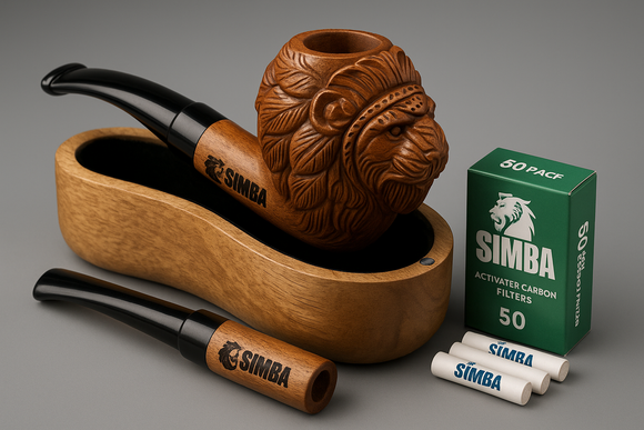 Hand Carved Acacia Wood Pipe with Mango Wood Case + 50pcs Simba 7mm Carbon Filters