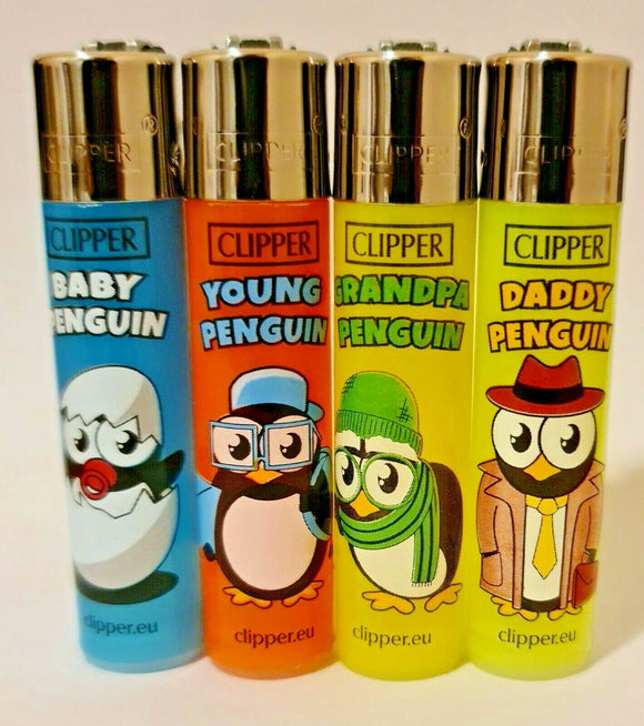 Brand New 4 Clipper Lighters Penguin Life Collection Full Set Refillable