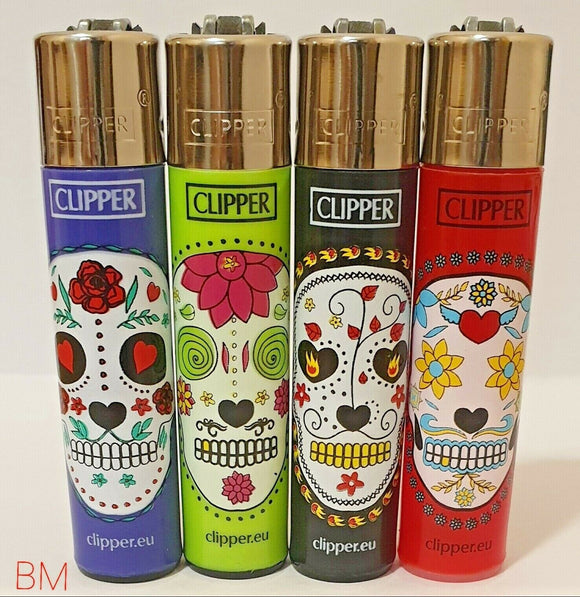 Brand New 4 Clipper Lighters Flower Skulls Collection Full Set Refillable lighters