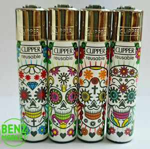 Brand New 4 Clipper Lighters Mexican Skulls 6 Collection Full Set Refillable